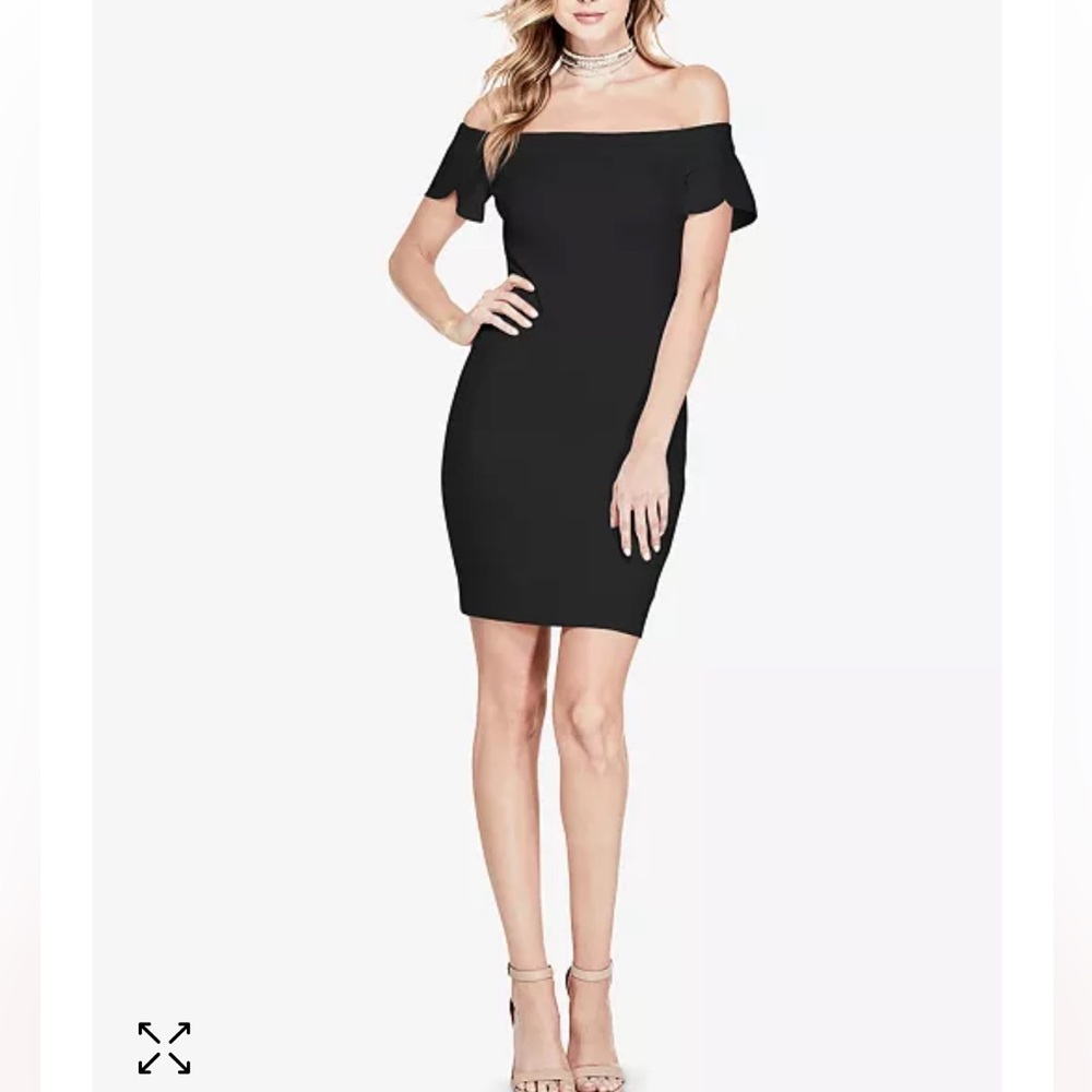 GUESS Molly Black Tulip Sleeve Off Shoulder Body Con Mini Cocktail Dress XS